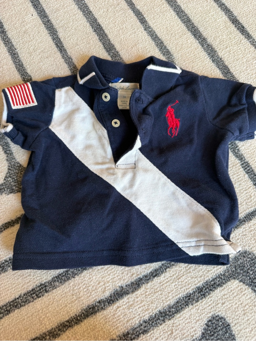 Ralph Lauren Navy Polo with White Diagonal Stripe and Red Pony